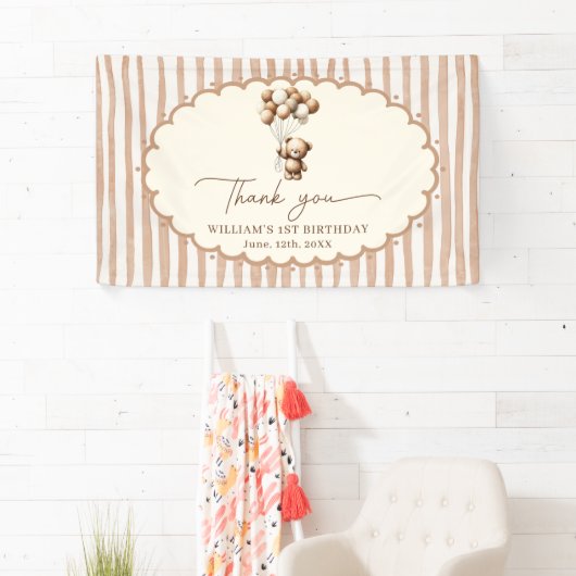 Teddy Bear Balloons Brown Stripes Birthday 横断幕 (インサイチュ)