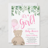 Teddy Bear Balloons Eucalyptus Girl Baby Shower 招待状 (正面)