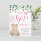 Teddy Bear Balloons Eucalyptus Girl Baby Shower 招待状 (スタンド正面)