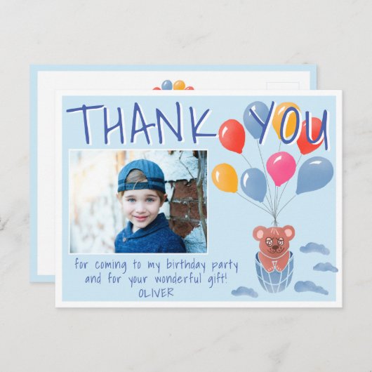 Teddy Bear Balloons Kids写真誕生日ありがとう ポストカード (正面/裏面)