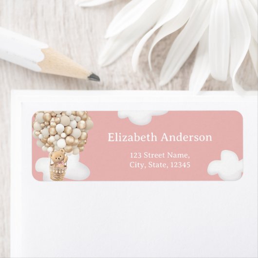 Teddy Bear Balloons Pink Baby Shower Label ラベル (インサイチュ)