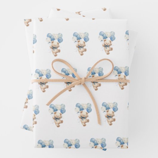 Teddy Bear Balloons We Can Bearly Wait Baby Shower ラッピングペーパーシート (インサイチュ)