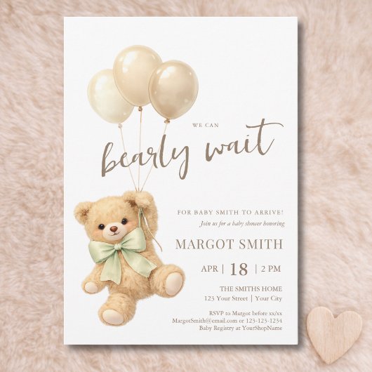 Teddy Bear Balloons We Can Bearly Wait Baby Shower 招待状