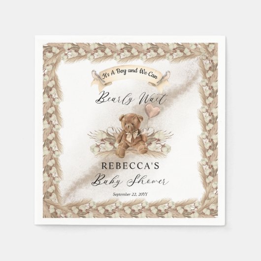 Teddy Bear Bearly待つことができGreige Boy Baby Shower スタンダードカクテルナプキン (正面)
