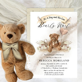 Teddy Bear Bearly待つことができGreige Boy Baby Shower 招待状