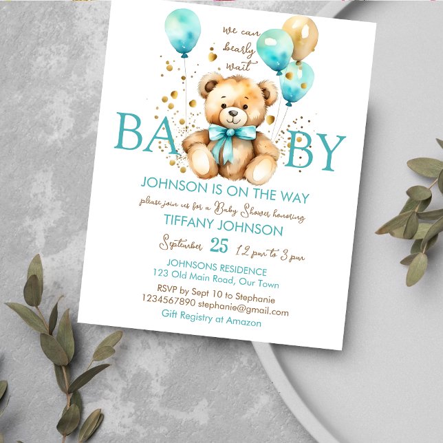 Teddy bear bearly waitベビーシャワー予算招待状 (Bearly wait teddy bear baby shower budget affordable invitation cute teddy with a aqua blue balloons)