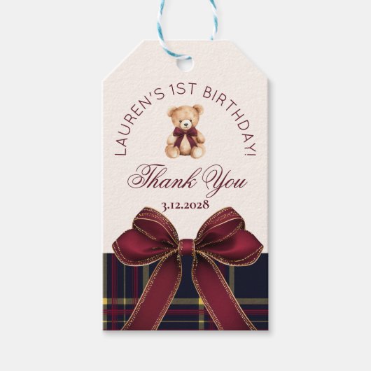 Teddy Bear Beary 1st Birthday Bow Plaid Thank you ギフトタグ (正面)
