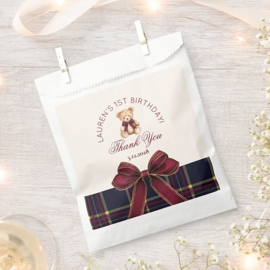 Teddy Bear Beary 1st Birthday Bow Plaid Thank you フェイバーバッグ (クリップ留めされた状態)