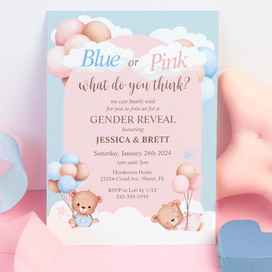 Teddy Bear BlueまたはPink Gender Reveal 招待状