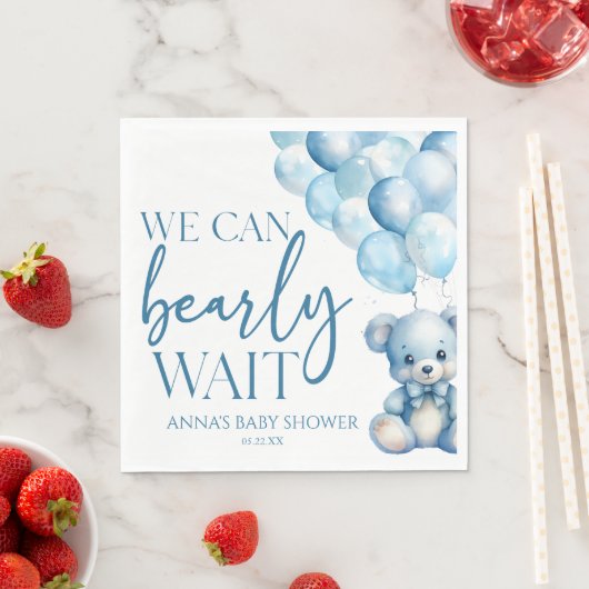 Teddy Bear Blue我々は赤ちゃんシャワーを待つことができる スタンダードランチョンナプキン (インサイチュ)