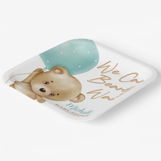 Teddy Bear Blue我々は赤ちゃんシャワーを待つことができる ペーパープレート (傾斜あり)