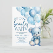 Teddy Bear Blue我々は赤ちゃんシャワーを待つことができる 招待状 (スタンド正面)