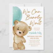 Teddy Bear Blue我々は赤ちゃんシャワーを待つことができる 招待状 (正面)