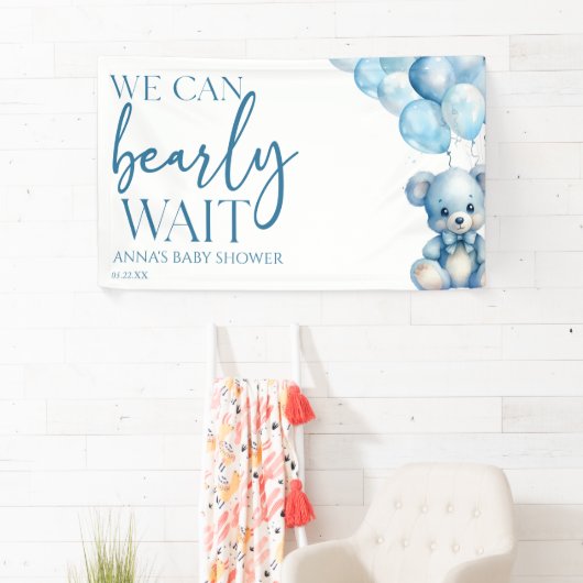 Teddy Bear Blue我々は赤ちゃんシャワーを待つことができる 横断幕 (インサイチュ)