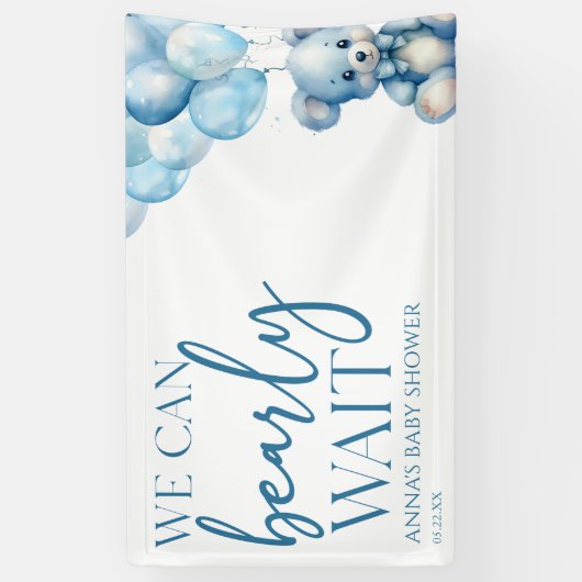 Teddy Bear Blue我々は赤ちゃんシャワーを待つことができる 横断幕 (縦)
