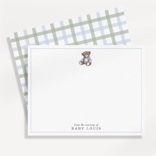 Teddy Bear Blue and Green Plaid Preppy Note card 招待状