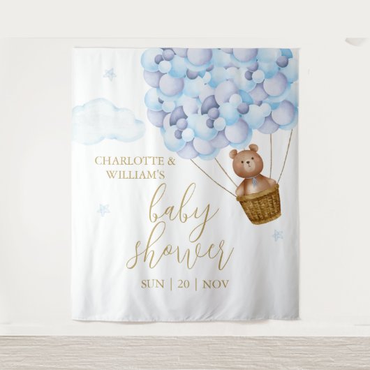 Teddy Bear Blue Baby Showerの写真の背景 タペストリー (正面)