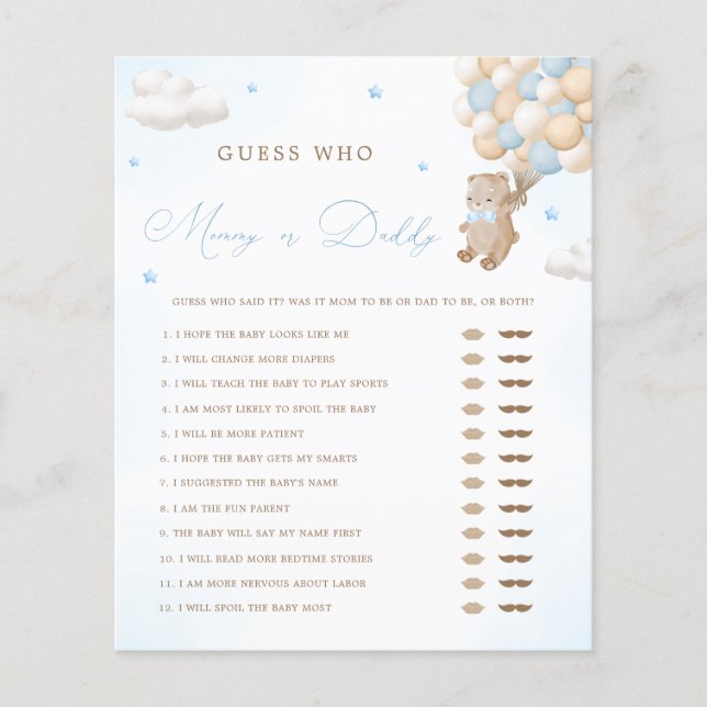 Teddy Bear Blue Baby Shower Mommy or Daddyゲーム (正面)