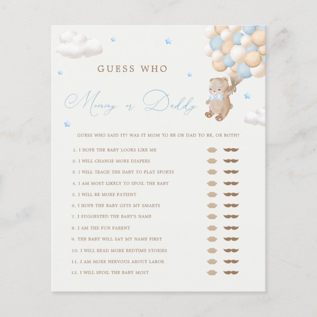 Teddy Bear Blue Baby Shower Mommy or Daddyゲーム (正面)