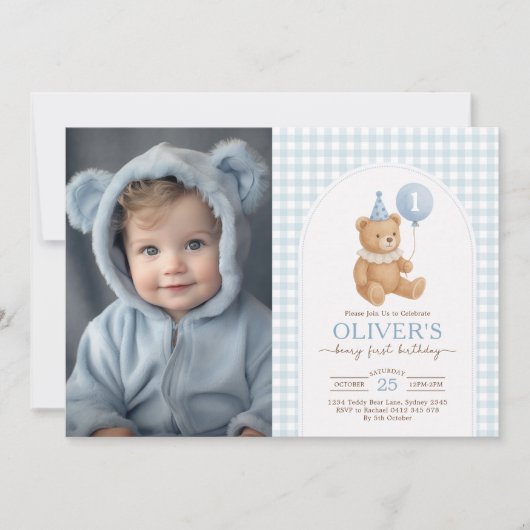 Teddy Bear Blue Balloon Beary First Birthday Photo 招待状 (正面)