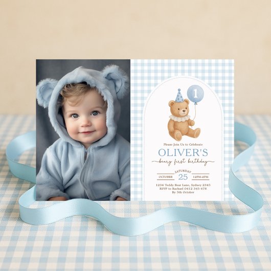 Teddy Bear Blue Balloon Beary First Birthday Photo 招待状