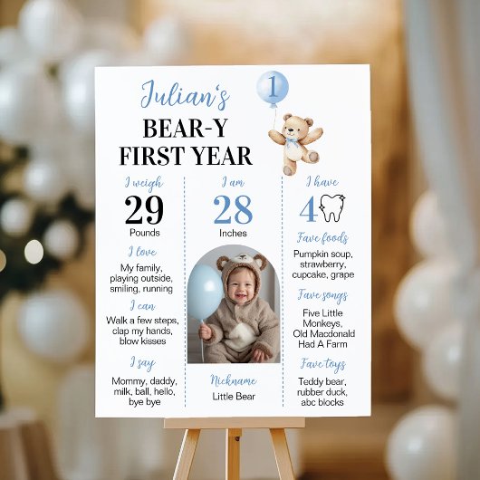 Teddy Bear Blue Balloon Beary First Year Milestone ポスター