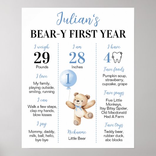 Teddy Bear Blue Balloon Beary First Year Milestone ポスター (正面)