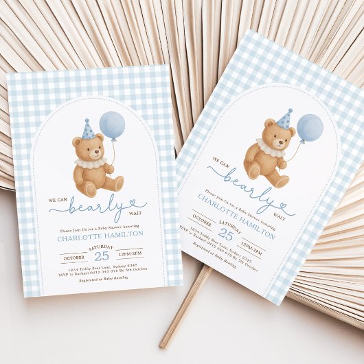 Teddy Bear Blue Balloon Boy Baby Shower 招待状