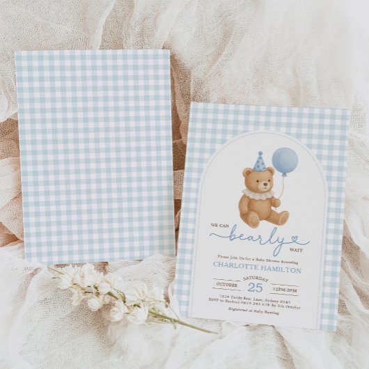Teddy Bear Blue Balloon Boy Baby Shower 招待状