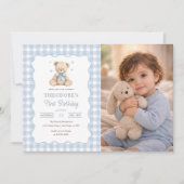 Teddy Bear Blue Balloon Photo Birthday 招待状 (正面)