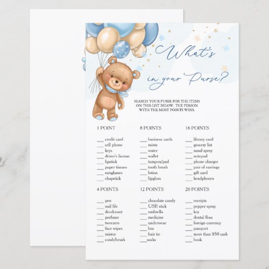 Teddy Bear Blue Balloons財布ゲームの内容 (正面/裏面)