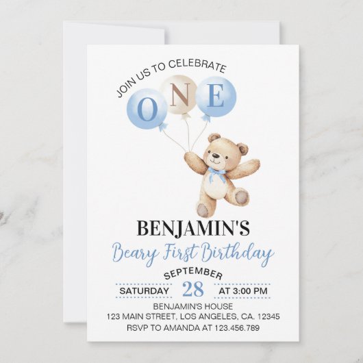 Teddy Bear Blue Balloons Beary First Birthday 招待状 (正面)