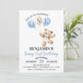 Teddy Bear Blue Balloons Beary First Birthday 招待状 (スタンド正面)