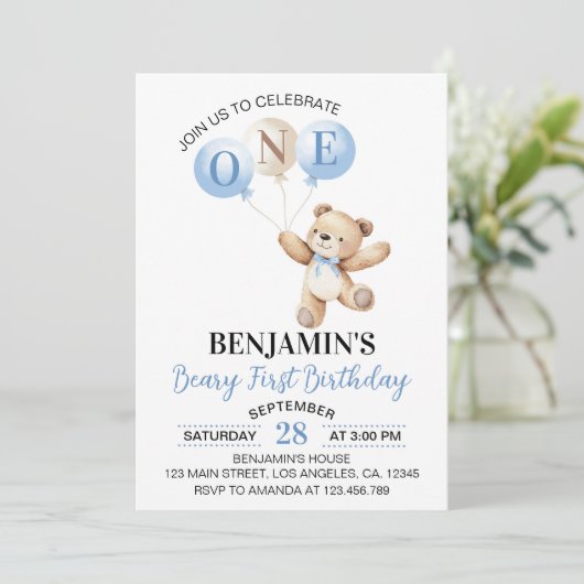 Teddy Bear Blue Balloons Beary First Birthday 招待状 (スタンド正面)