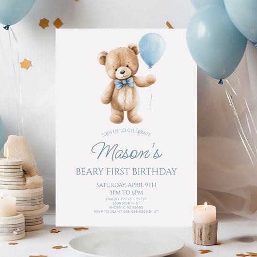 Teddy Bear Blue Beary First 1st Birthday Party 招待状