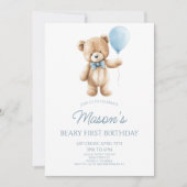 Teddy Bear Blue Beary First 1st Birthday Party 招待状 (正面)