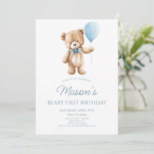 Teddy Bear Blue Beary First 1st Birthday Party 招待状 (スタンド正面)