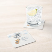 Teddy Bear Blue Bow Balloons Clouds Baby Boy スクエアペーパーコースター (インサイチュ)