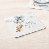 Teddy Bear Blue Bow Balloons Clouds Baby Boy スクエアペーパーコースター (アングル)