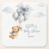 Teddy Bear Blue Bow Balloons Clouds Baby Boy スクエアペーパーコースター (正面)