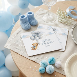 Teddy Bear Blue Bow Balloons Clouds Baby Boy スクエアペーパーコースター