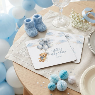 Teddy Bear Blue Bow Balloons Clouds Baby Boy スクエアペーパーコースター