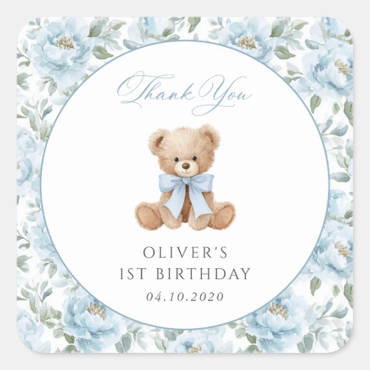 Teddy Bear, Blue Bow, Blue Flowers, First Birthday スクエアシール (正面)