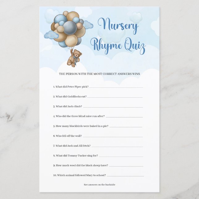 Teddy bear blue brown balloons Nursery Rhyme Quiz (正面)