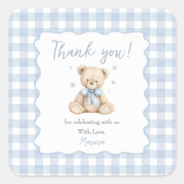 Teddy Bear Blue Gingham Baby Shower Classic  スクエアシール