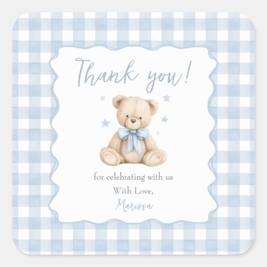 Teddy Bear Blue Gingham Baby Shower Classic  スクエアシール (正面)