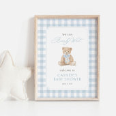 Teddy Bear Blue Gingham Baby Shower Welcome Sign ポスター