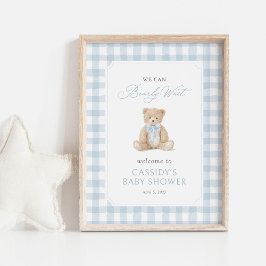 Teddy Bear Blue Gingham Baby Shower Welcome Sign ポスター