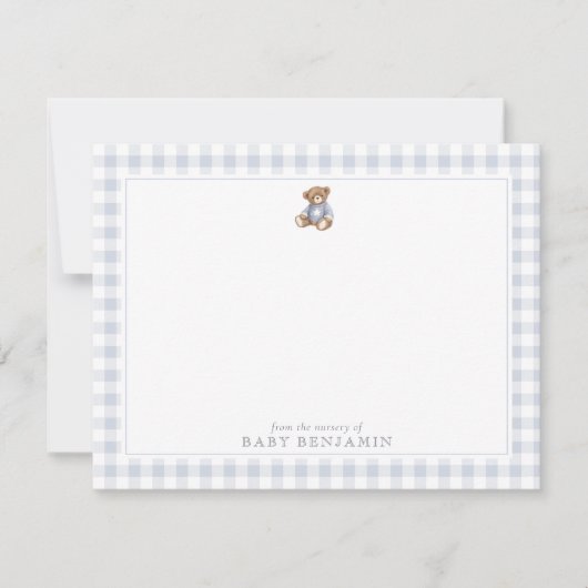 Teddy Bear Blue Gingham Preppy Nursery Note Card 招待状 (正面)