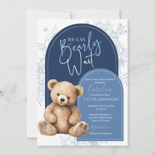 Teddy Bear Blue Minimal Baby Shower Modern 招待状 (正面)